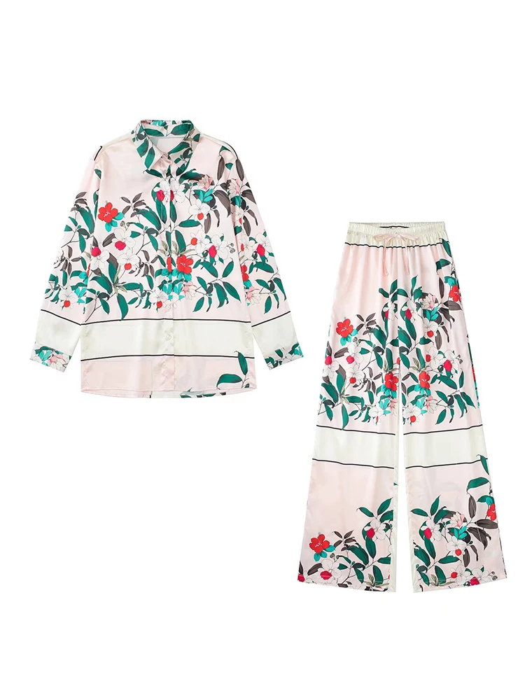 

TFMLN Summer Women 2pcs Long Shirts Pants Sets 2022 Floral Satin Blouse Leg Pant Causal Style Tops Female Pants Casual Clothes