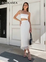 soolasea stain women summer outfit sleeveless crop top and long feather skirts set female midriff top skirt suits 2 piece set