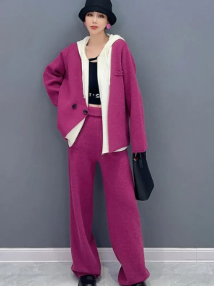 

URIOR 2023 осенне-зимние новые модные имитация двух частей из искусственного плетеного топа с капюшоном повседневные широкие брюки комплект из двух частей для женщин