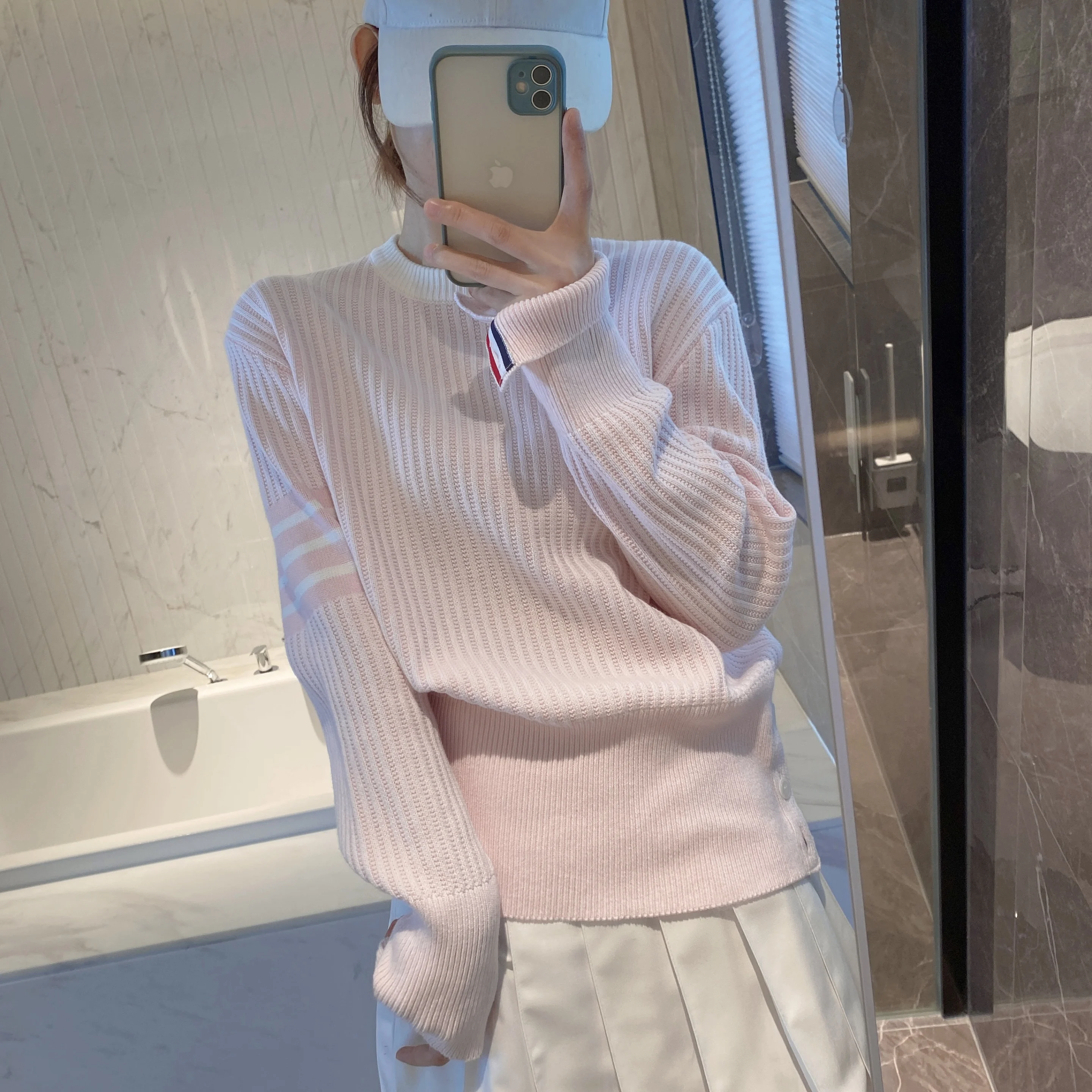 Korean High Fashion TB Round Neck Pullover Vertical Stripe Four Stripe Loose Wool Sweater Top