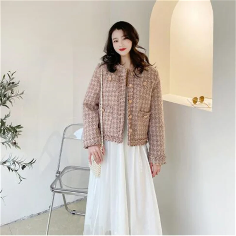 Tweed short coat women's loose thickening autumn and winter spring fashion single-breasted plaid clothes round collar red pink