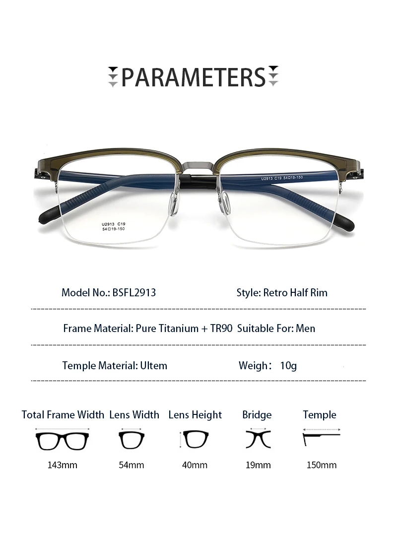 Деловые очки в полуоправе стиле ретро Ultem Temple элегантные из чистого титана Tr90