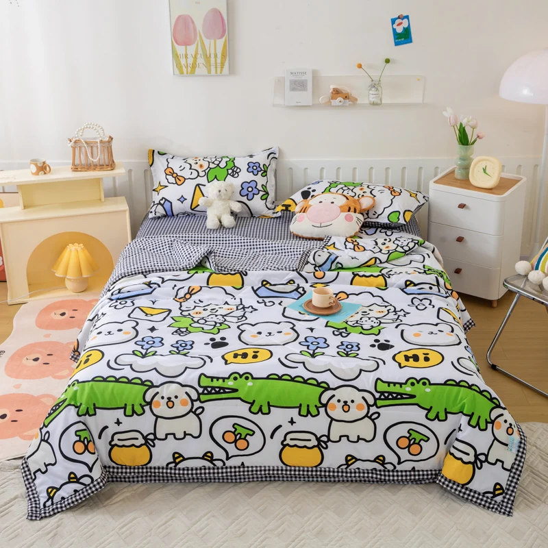 

Crocodile Cartoon Summer Quilt Twin 4Pcs Kids Bedding Comforter Set with Flat Sheet & Pillowcase Light Air-conditioner Duvet