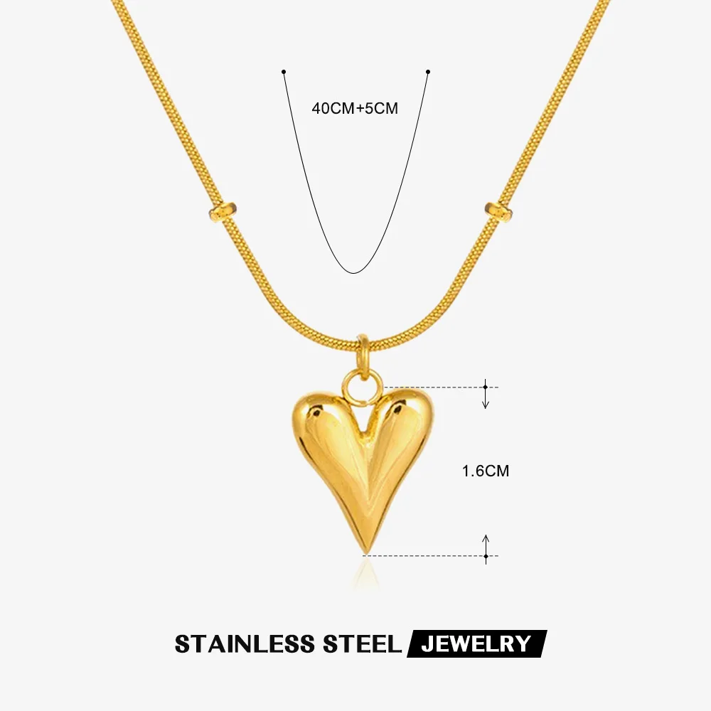 Puffed Heart Pendant Necklace Bead Chain for Women Stainless Steel Stylish Jewelry Waterproof Party Gifts collares para mujer