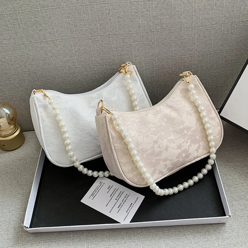

Fashion Underarm Shoulder Bag for Women Solid Color Messenger Handbags Pearls Chains Armpit Purse Bag