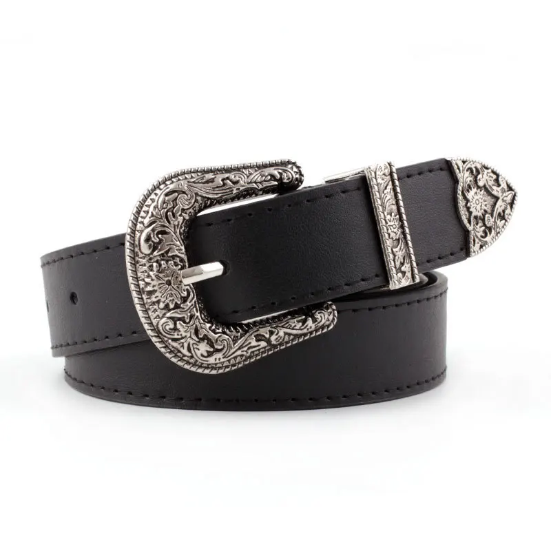 

Women Black Leather Western Cowgirl Waist Belt Vintage Metal Buckle Waistband New Hot Belts For Women Luxury Designer Brand