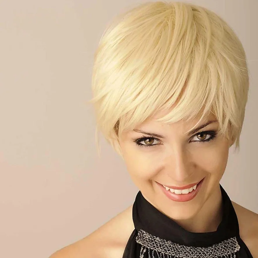 Costume Wig Short Straight Pixie Cut Full Machine Made Human Hair Wigs With Bangs For White Women