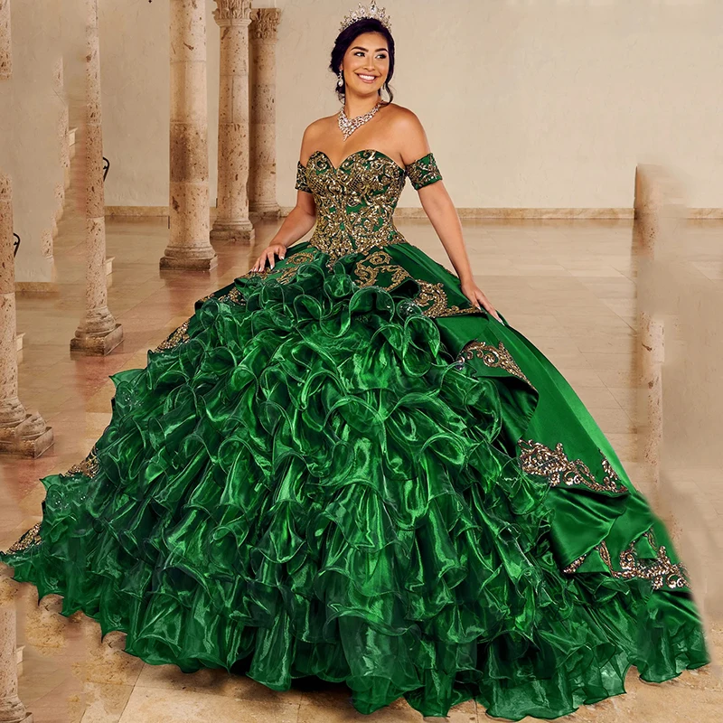 

Sequins Lace Beaded Quinceañeras Dresses Ruffled Crystal Vestidos De 15 Appliques Años Quinceanera Birthday 16 Flower فساتين