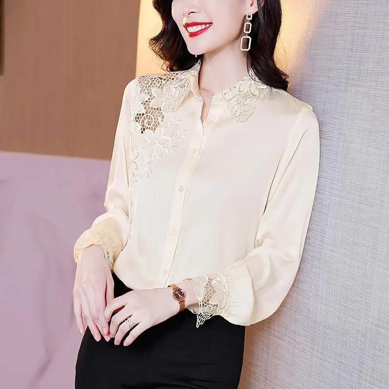 

Office Lady Fashion Floral Embroidery Shirt Spring Autumn Single-breasted Women's Clothing Lace Spliced Polo-Neck Loose Blouse