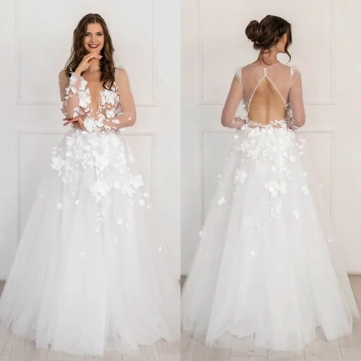 

Unique A-line Wedding Dresses Deep V-neck Transparent Long Sleeve 3D Flower Tulle Backless Floor Length Custom Made
