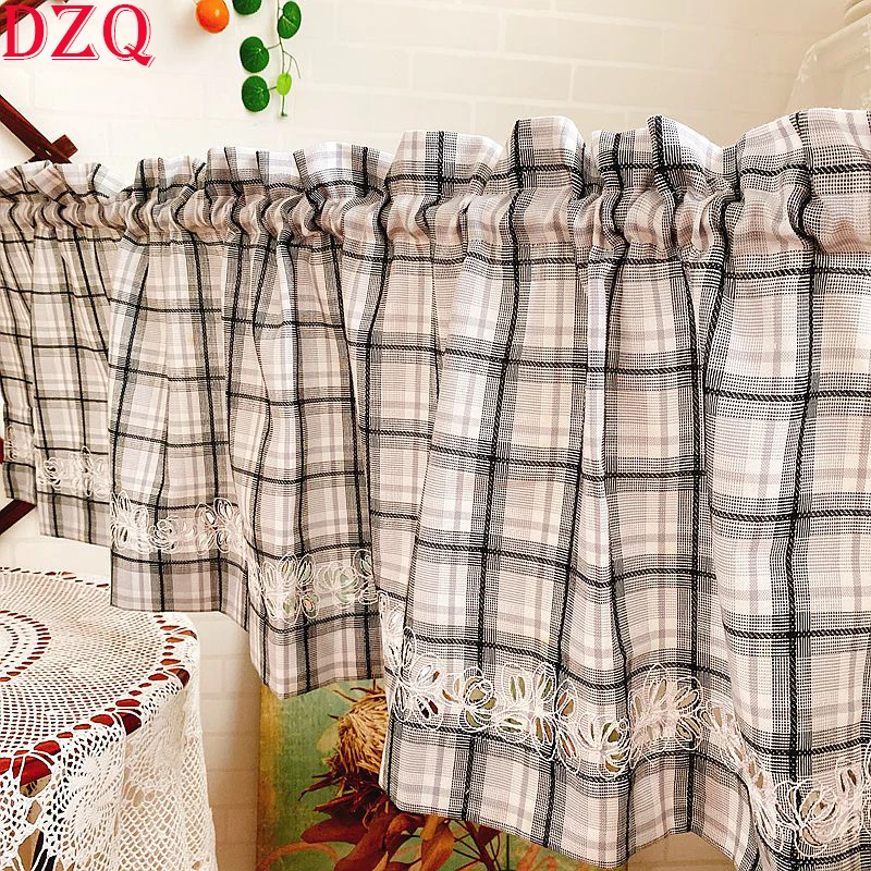 

South Korea Black/Gray Plaid Short Curtains for Kitchen Japanese Linen Half Curtain Kitchen Hollow Short Curtain #A204