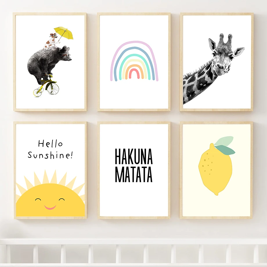 

Cartoon Sun Rainbow Fruit Circus Bear Giraffe Matata Nordic Posters And Prints Wall Art Canvas Painting Wall Pictures Kids Room