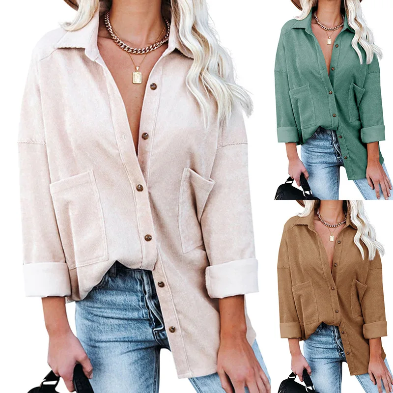 

Women Shirt Top Lapel Loose Single-breasted Long-sleeved Spring-summer Commuter Slim Solid Color Fashion Pocket Shirt Top
