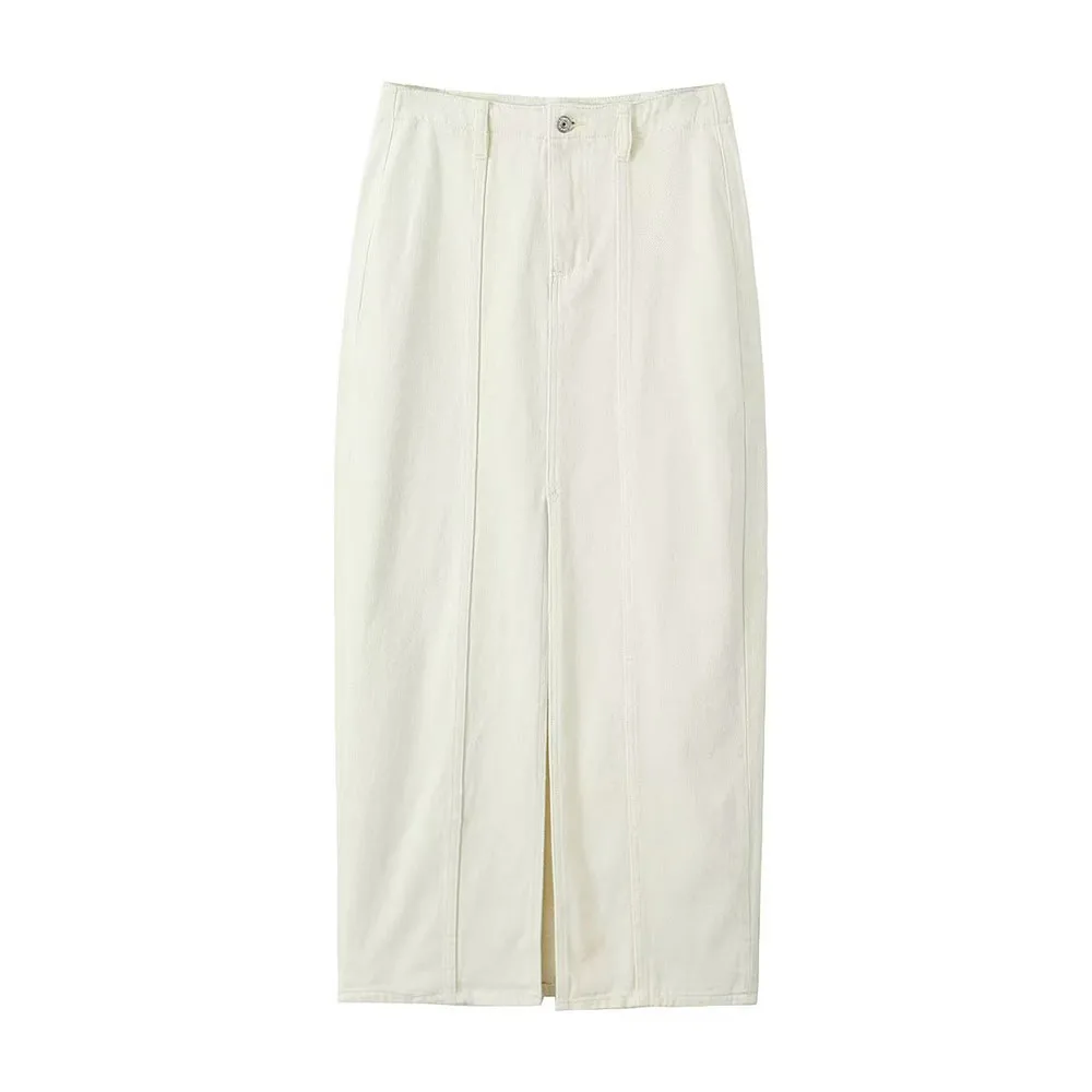 

Summer new fashion women's temperament casual all-match beige high waist slit decorative denim skirt