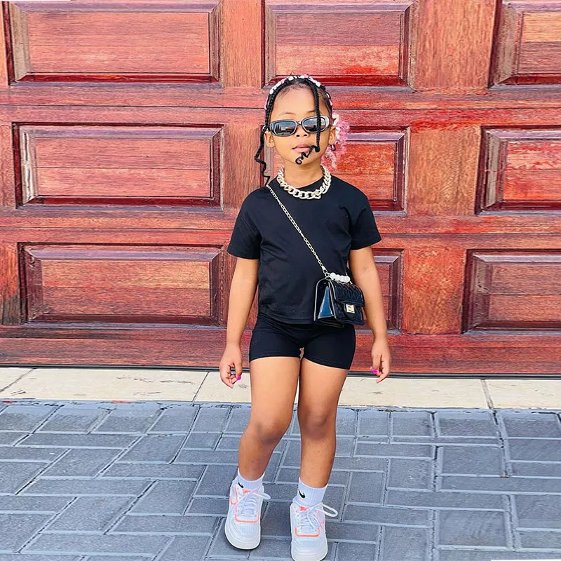 

2023 Summer Kids Clothes Sets 2 Pieces Casual Loose Tops+Biker Shorts Sport Tracksuits Street style Black Children Sets 1-8Years