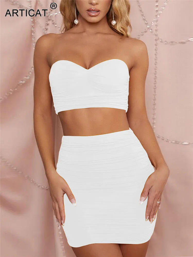 Articat Ruched Bodycon Two Piece Set Dress Women Sexy Strapless Crop tops And Mini Dress 2 Piece Sets Club Party Clothes Summer