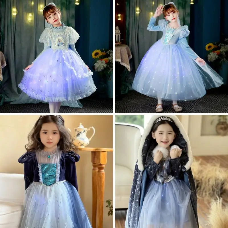 

New Disney Aisha Glow Princess Dress Kawaii Long Sleeve Mesh Dress Christmas Ceremonial Dress Birthday Party Clothing Girl Gifts