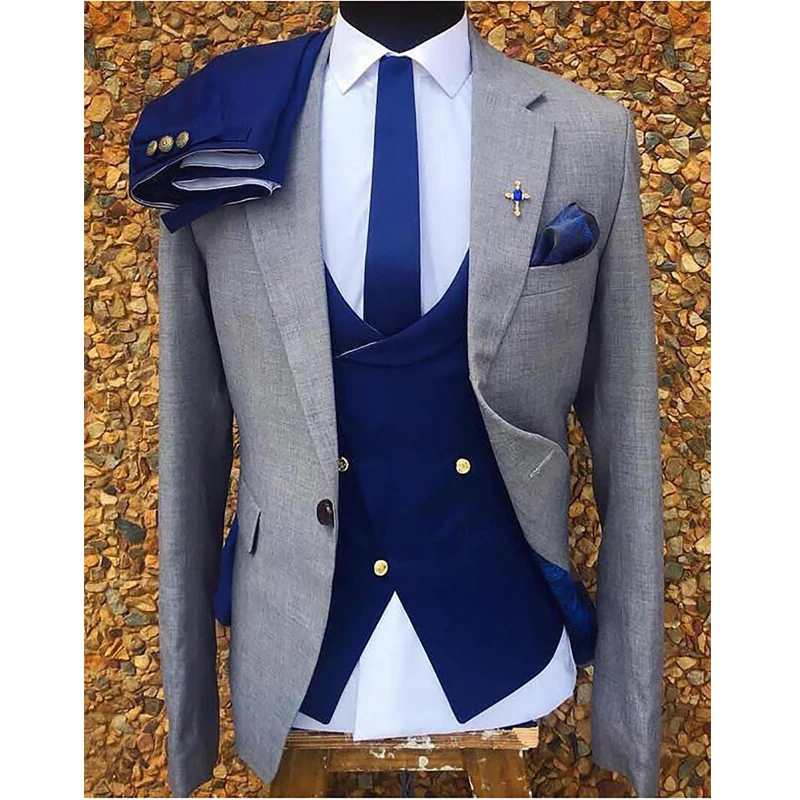 

Formal Wedding Suits for Men Slim Fit 3 Piece Groom Tuxedo Gray Jacket with Royal Blue Vest Pants New Fashion Costume 2023