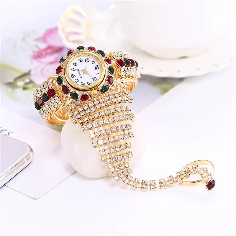 2023 New Hot Sale Luxury Colorful Shining Dense Inlay Round Small Dial Women's Quartz Watch Set Girlfriend Fashion Gift