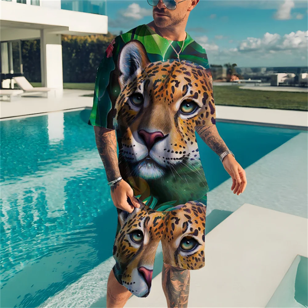 Men's New Leopard Sportswear Set Men's T-Shirt + Shorts Summer Sportswear The Secret Secret of the Jungle Harajuku Top Suit