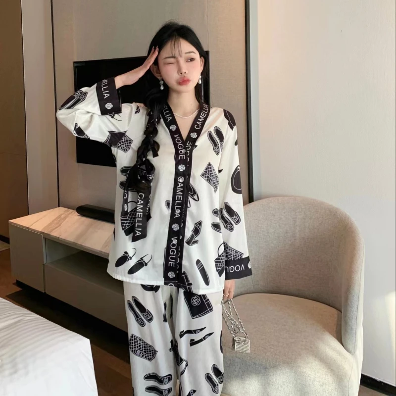 2023 Pajamas for Women's Spring and Summer Light Luxury Smooth Home Suit with Belt Breathable and Casual Sleepwear with V-neck