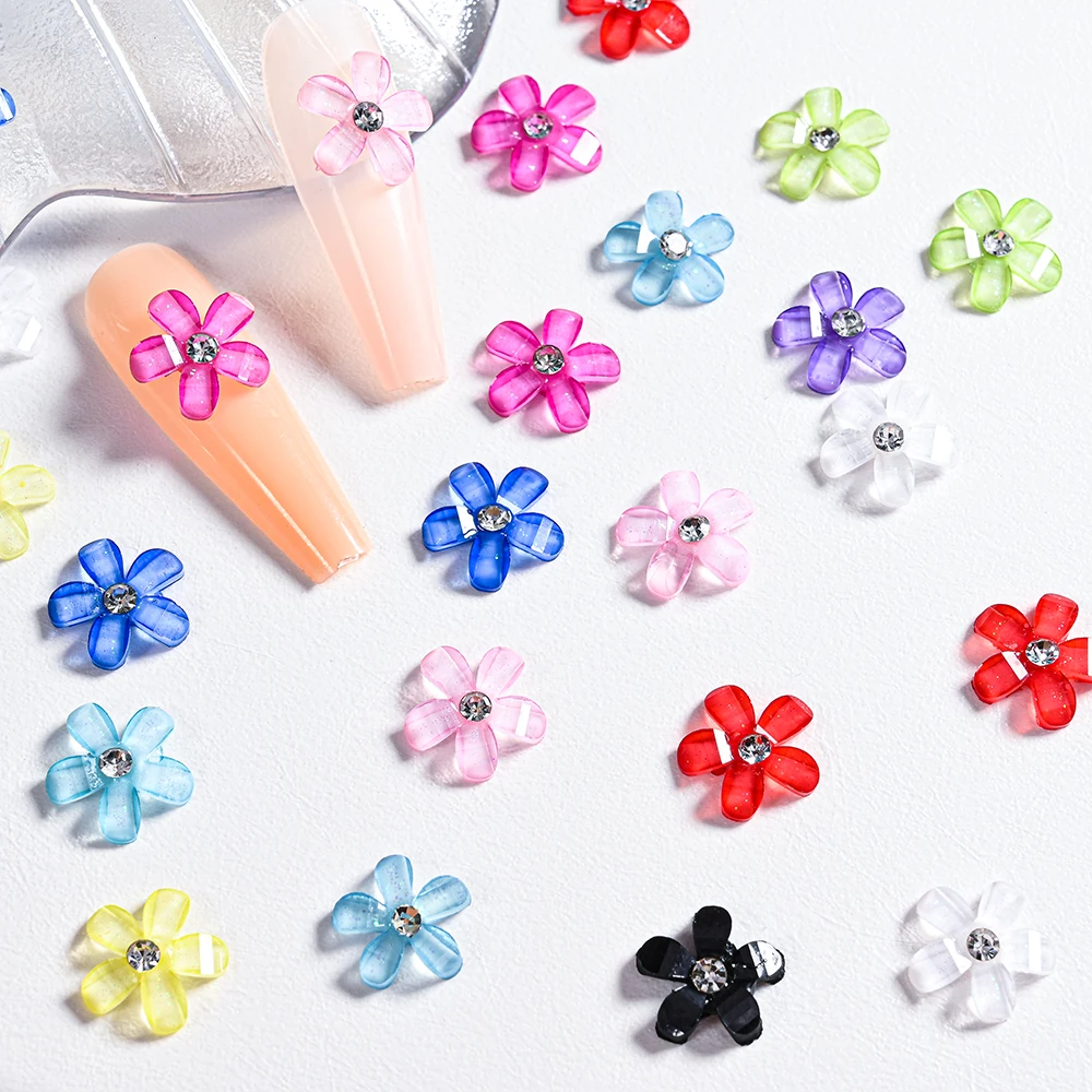 

50pcs/lot colorful Acrylic Flower Nail Charms 3D Resin Flower Nail Art Decorations with Rhinestones Crystal Manicure Jewelry