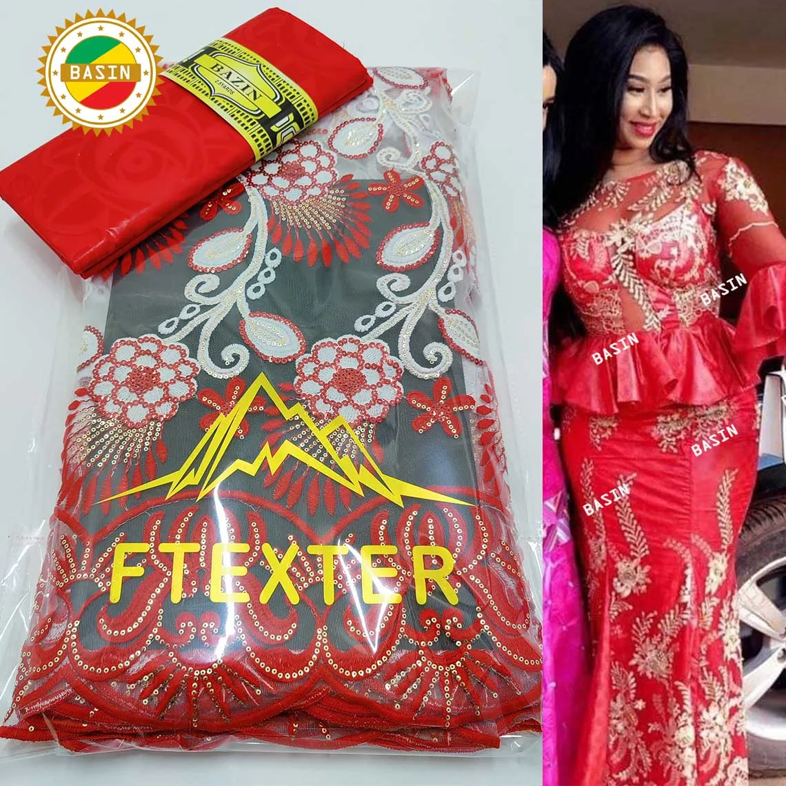 

Red Embroidered Net Tulle Lace With Basin Riche Fabrics 2022 Latest French African Basin Wedding Women Dresses Net Lace Fabrics