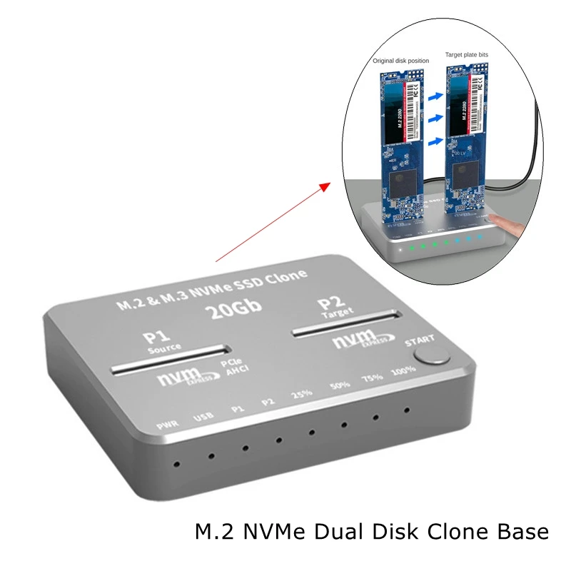

M.2 NVMe AHCI Duplicator Cloner USB3.2 20G SSD Dual-Bay Offline Clone Mobile Hard Drives Dock for Mac Window Linux PH8586U