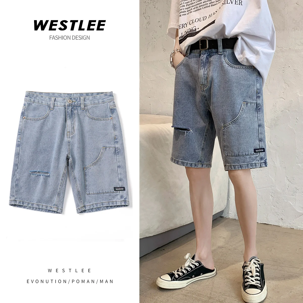 

Denim shorts men's summer new personality all-match loose casual tide brand Korean version of the hole five-point pants