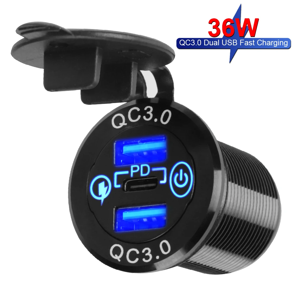 

Для автомобиля, лодки, морской порт PD Тип C, два порта USB QC3.0, 36 Вт, тройной порт, разъем для быстрой зарядки с сенсорным выключателем, автомобил...