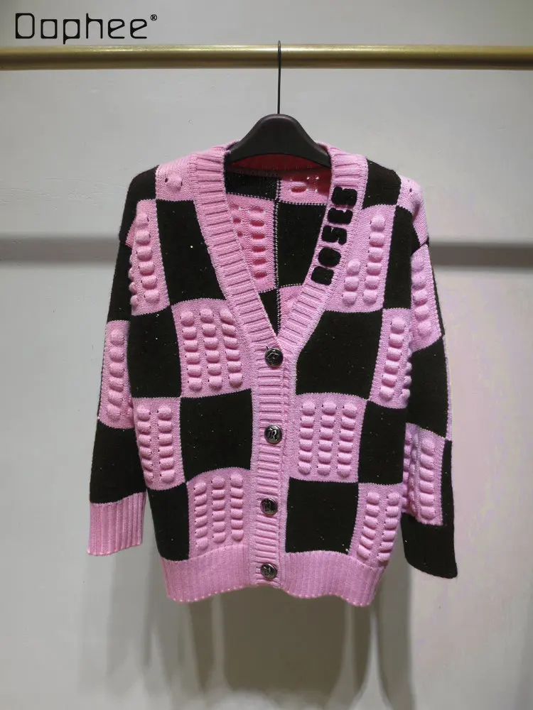 Streetwear Texture Contrast Color Pink Plaid Mid-Length Knitted Cardigan Coat Fall 2022 New Sweet Long Sleeve Sweater Coat Women