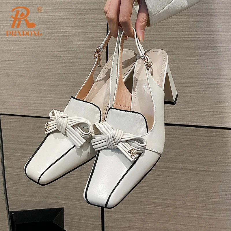 Женские туфли-лодочки из натуральной кожи PRXDONG бежевые на квадратном высоком