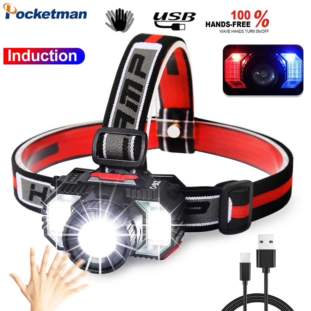 

Pocketman LED+COB Headlamp USB Rechargeable Headlight Smart Motion Sensor Head Lamp Waterproof Head Flashlight with Battery
