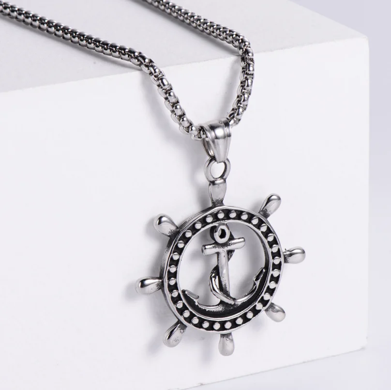 

New Style Vintage Stainless Steel Punk Caribbean Pirate Rudder Anchor Pendant Chain Necklace Men Fashion Necklace Accessories
