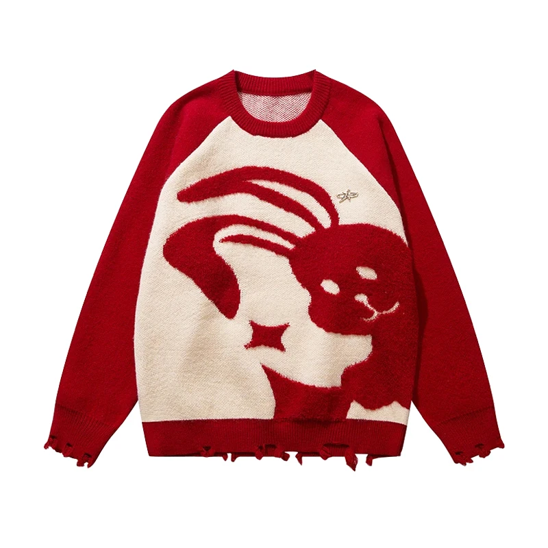 

Китайский шикарный мужской свитер с красным Кроликом, Повседневный пуловер с принтом, вязаная одежда для пар на осень и зиму, одежда унисекс для мужчин и женщин