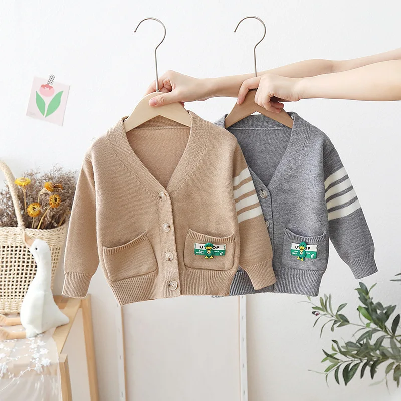 

Stripes Toddler Cardigan for Boys 2022 New Spring Autumn Children's Knitted Jacket Trendy Baby Boy Knit Tops with Pocket FY09191