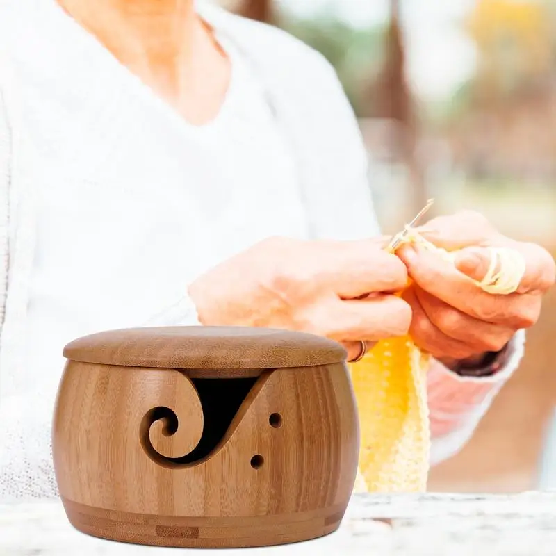

Деревянная чаша для хранения пряжи, бамбуковый вязаный крючком органайзер для хранения шерсти с крышкой, ручная работа, «сделай сам», для вязания, шитья, товары для хранения