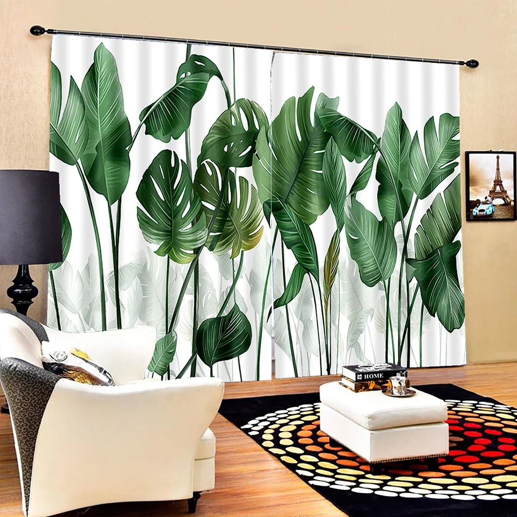 Тонкие оконные шторы из эвкалипта с изображением белых банановых листьев