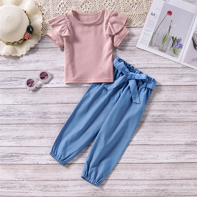 

1-6 Years Baby Girl Clothing Sets Summer Solid Short Sleeve Top + Long Pants 2pcs Suit 2022 New Kids Clothes Girls Costumes