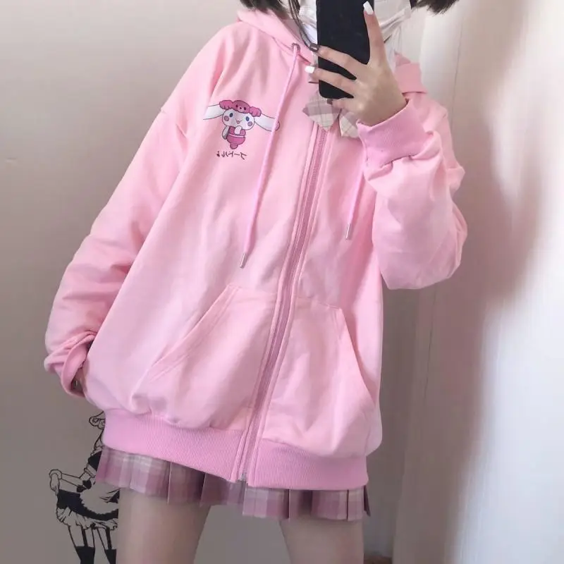 Sanrio Cinnamoroll Cute Hoodies Cartoon Kawaii Anime Simple Print Fashion Ins Style Casual Zipper Hoodie for Girl Birthday Gift