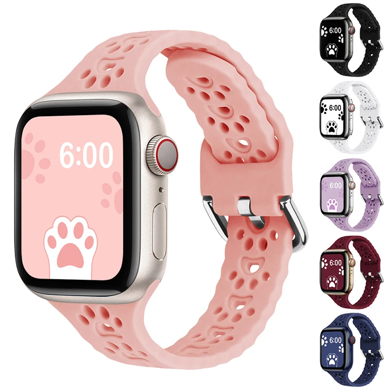 

Cat paw silicone strap for Apple Watch band 41mm 45mm 44mm 40mm 42/38mm women breathable bracelet for iWatch series 7 6 5 4 3 SE