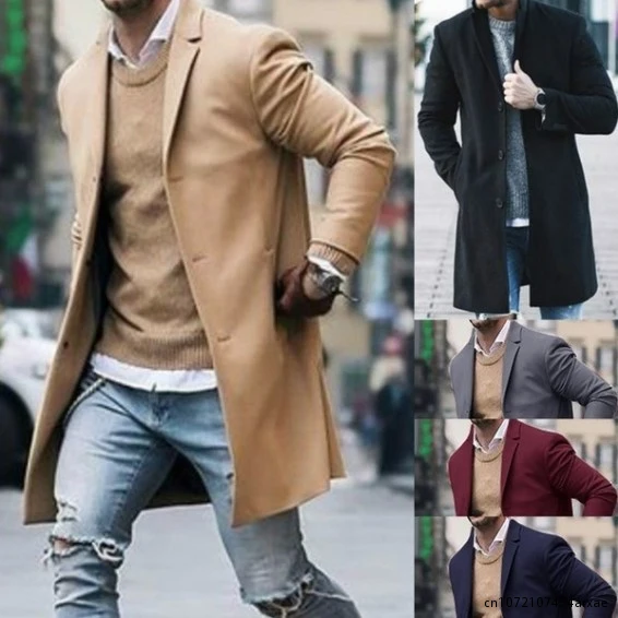 2023 Autumn Winter New Men's Slim Fit Wool Coat Male Cashmere Blended Long Overcoat Black Red Gray Jacket Outerwear S-3XL
