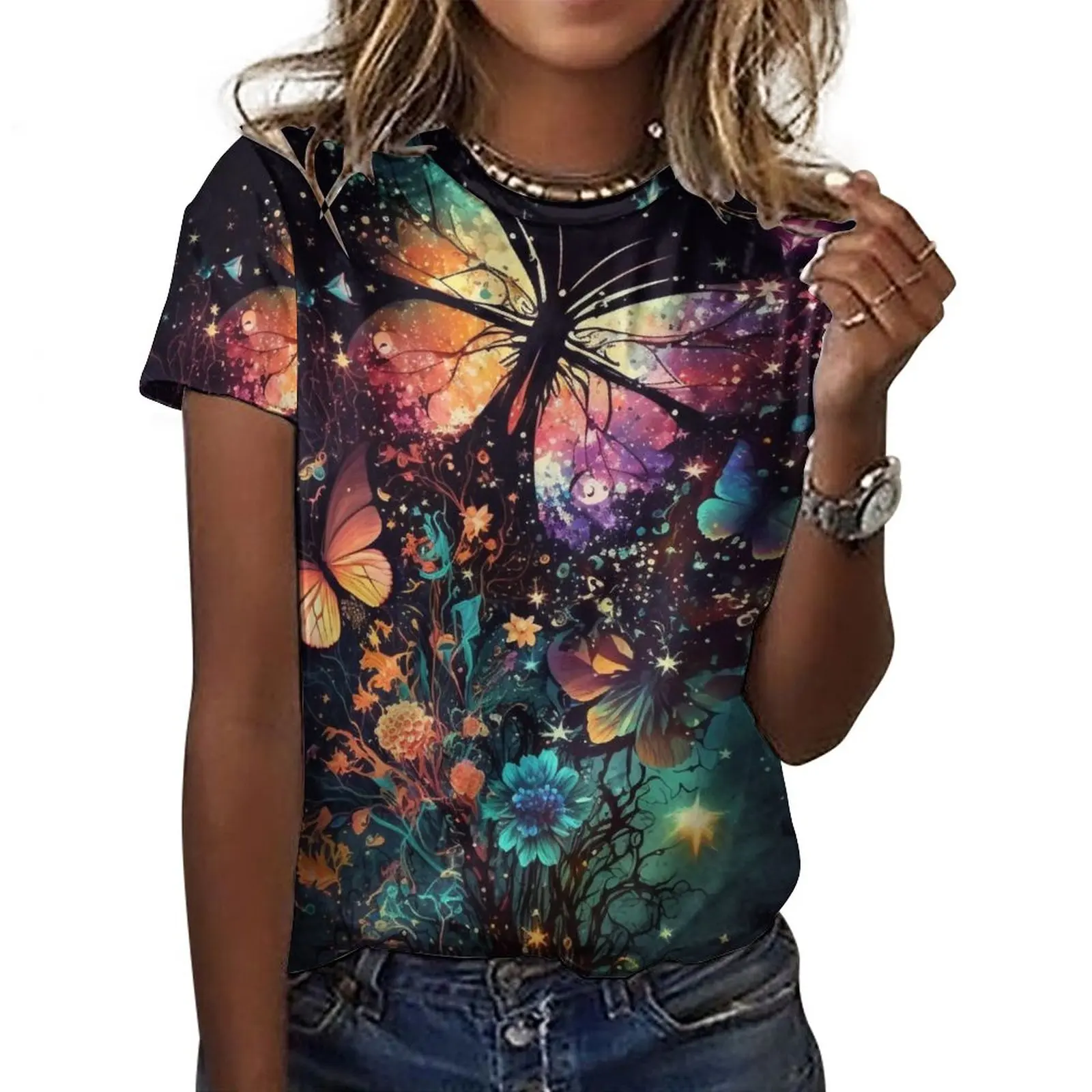 

Women's Fashion Short Sleeve Tee Starry Sky Butterfly Print Women's Clothing Free Shipping Casual Clothes For Woman