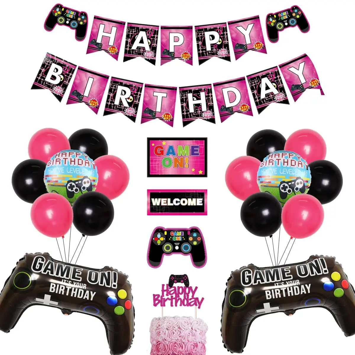 

Video Game Birthday Party Decorations Happy Birthday Banner Cake Topper Controller GamePad Balloons for Girls Birthday Supplies