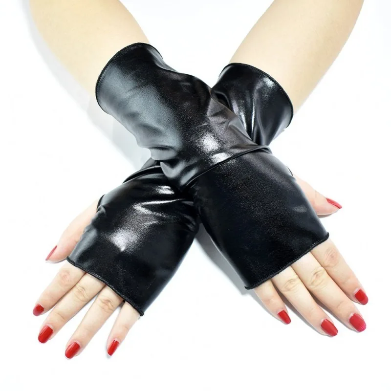 

Short Fingerless Shiny Black Patent Leather Gloves Halloween Punk Hip Hop Dance Gloves