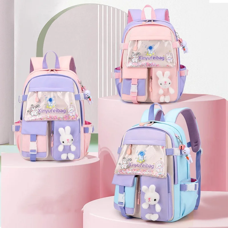High-capacity Cute Cartoon Rabbit Backpacks for Grade 1-3 Girls Princess Sweet New Children Fashion Trend Quicksand Schoolbags