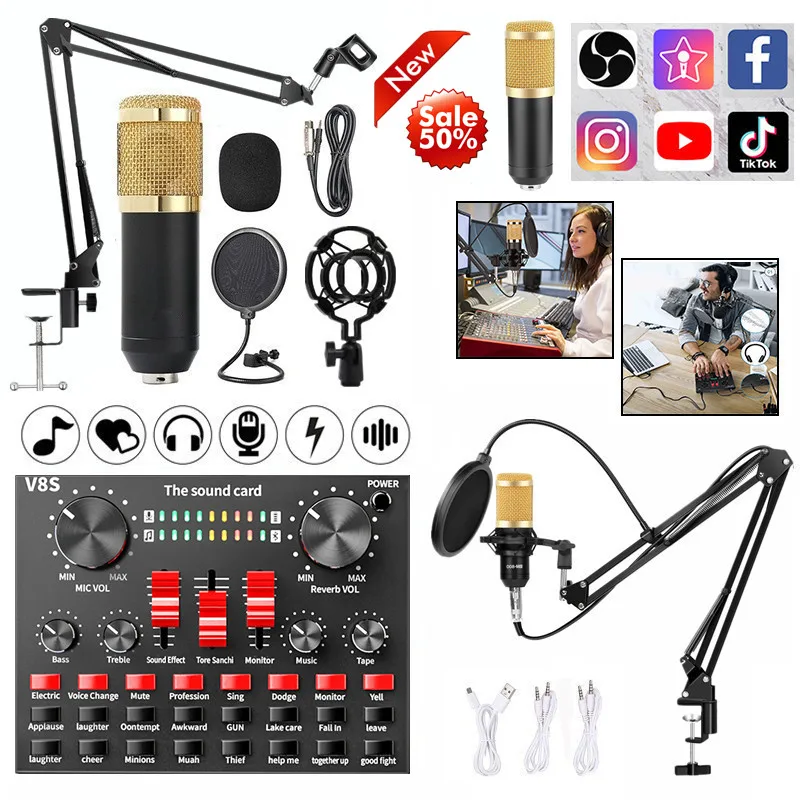 

BM800 Professional Microphone Kits Condenser Mic with Live Sound Card for Computer Audio Recording Studio Live Broadcast Karaoke