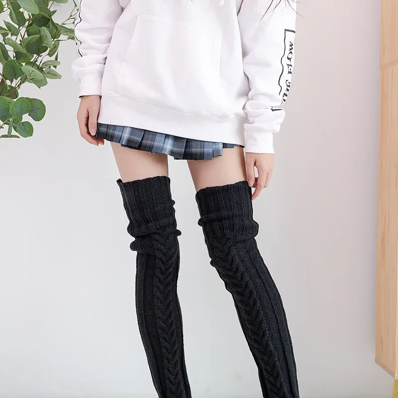 Fashion home knitted socks over the knee long tube solid color plush stockings long warm sexy pile sock black foot warmer winter