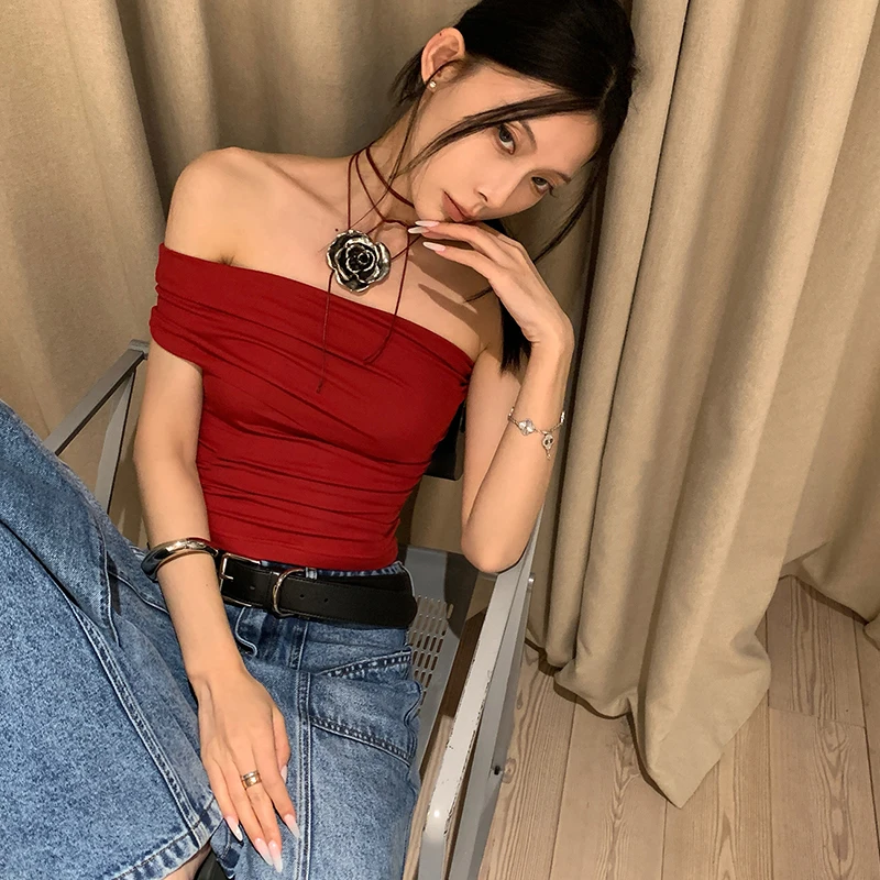 Асимметричный Топ для женщин новинка 2024 тонкая и Сексуальная короткая футболка