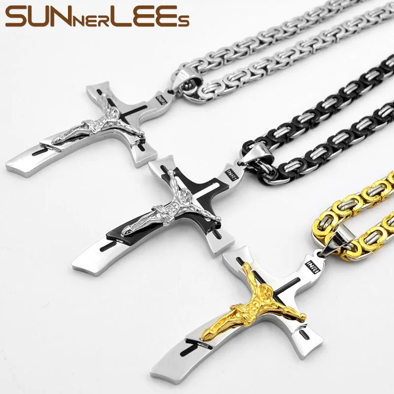

SUNNERLEES Stainless Steel Jesus Christ Cross Pendant Necklace Byzantine Link Chain Silver Color Gold Plated Men Boy Gift SP253
